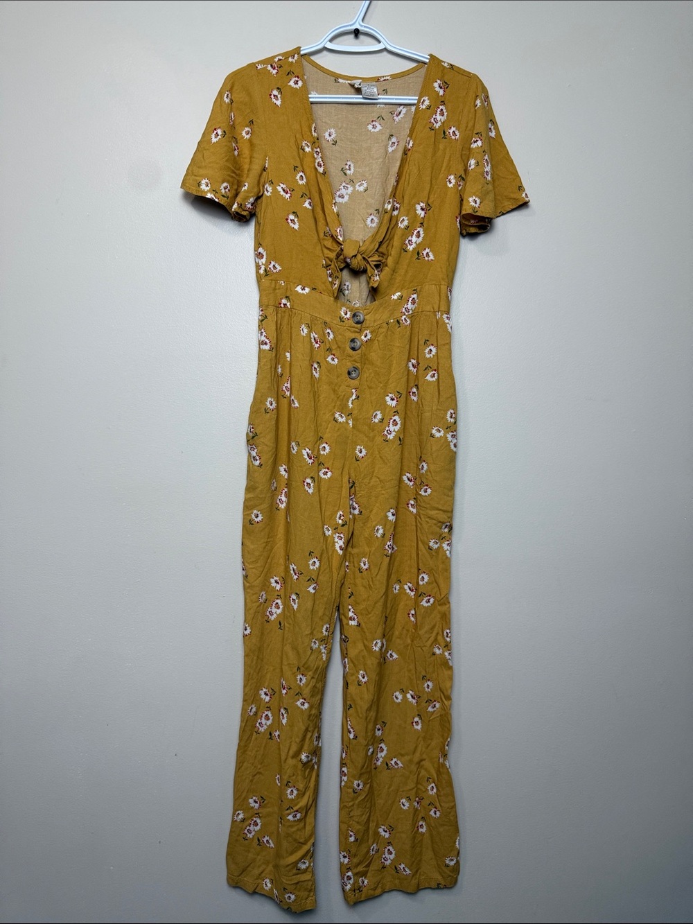 Mimi Chica Mustard Floral Tie-Front Jumpsuit size S